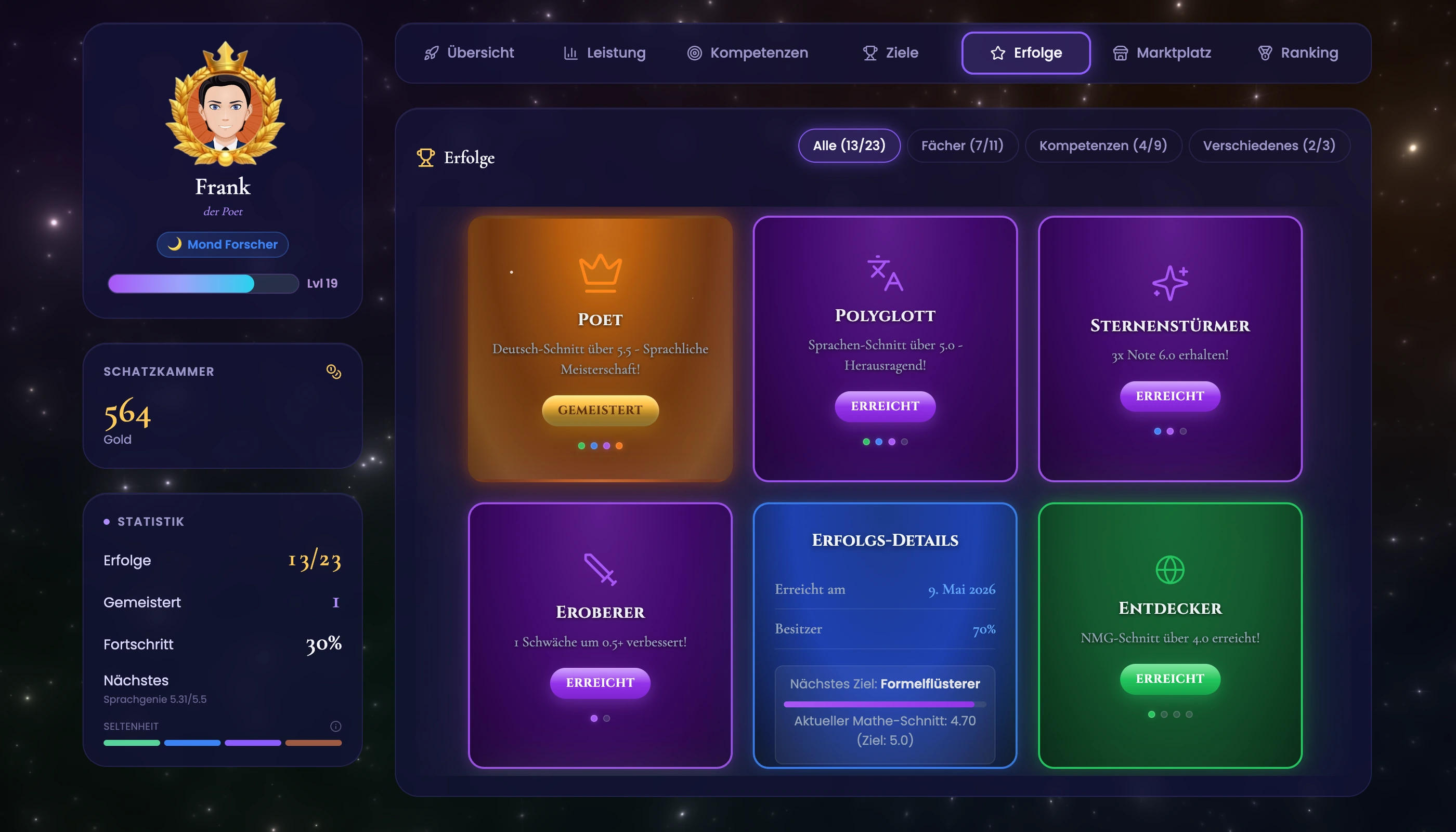 Schüler-Dashboard Erfolge-Tab in TeacherOrg — sechs Erfolg-Karten in verschiedenen Rang-Stufen (Common, Rare, Epic, Legendary) plus Detail-Ansicht einer Karte