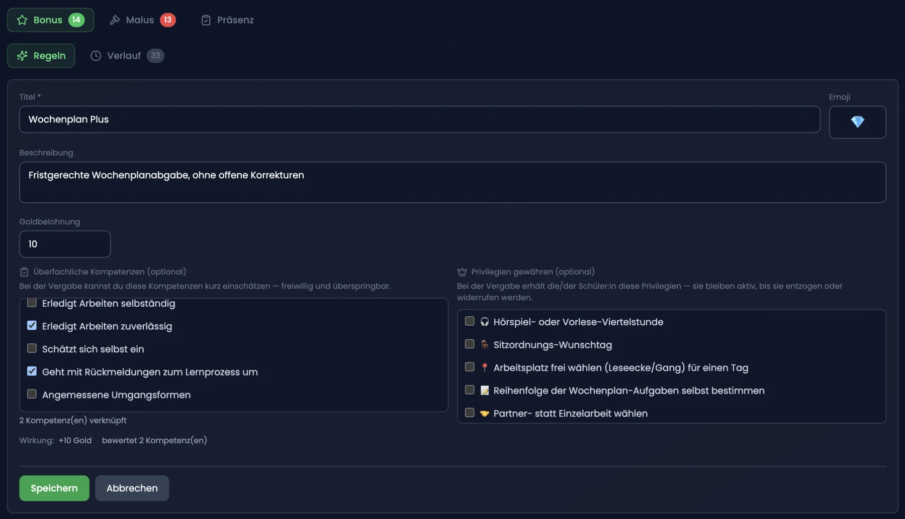 Bonus-Regel in TeacherOrg — überfachliche Kompetenzen angehakt, Wirkungszeile Gold und Einschätzung, freiwillig und überspringbar