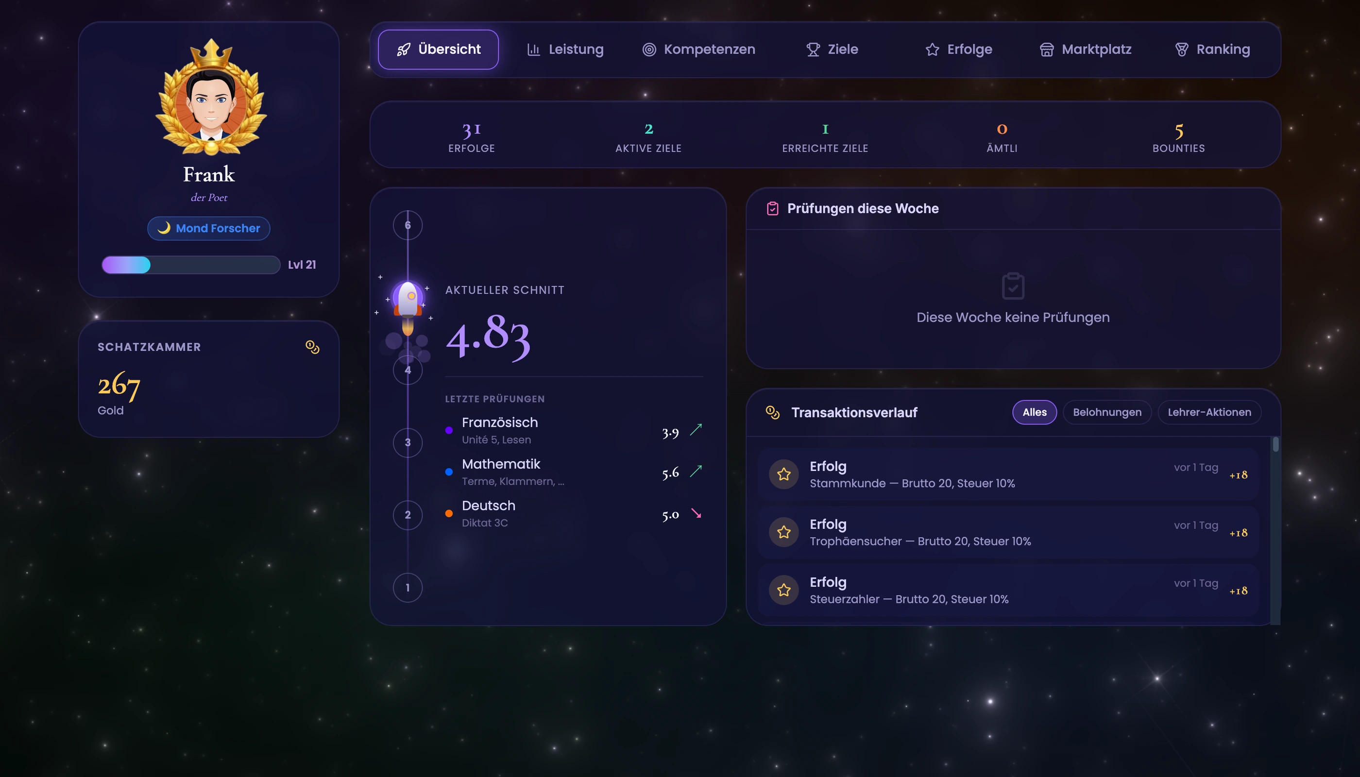 Gamification-Dashboard in TeacherOrg mit Gold, Erfolgen und Ranking