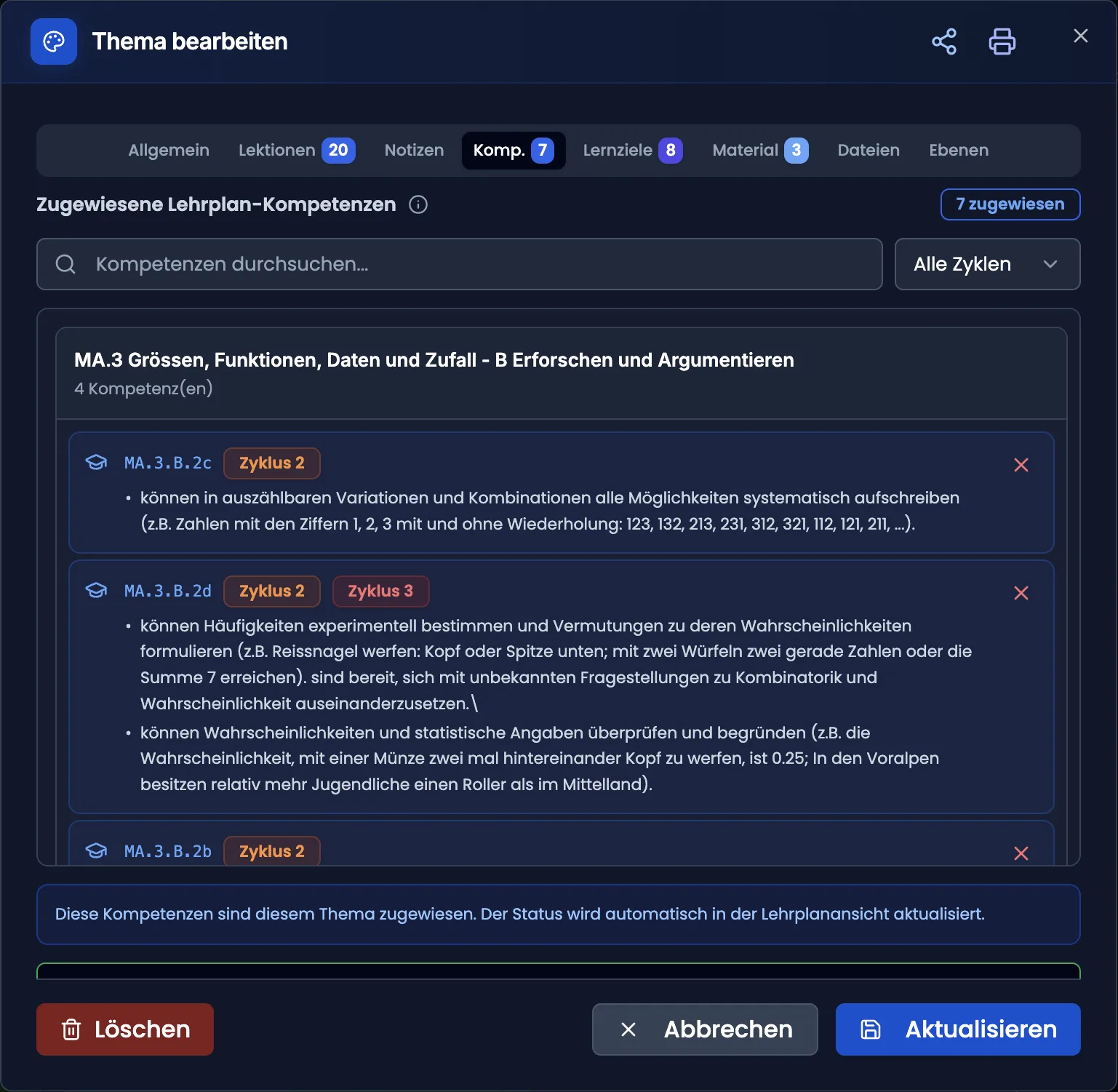 TopicModal in TeacherOrg — LP21-Kompetenzen direkt im Thema ausgewählt, mit Stufen-Codes pro Kompetenz