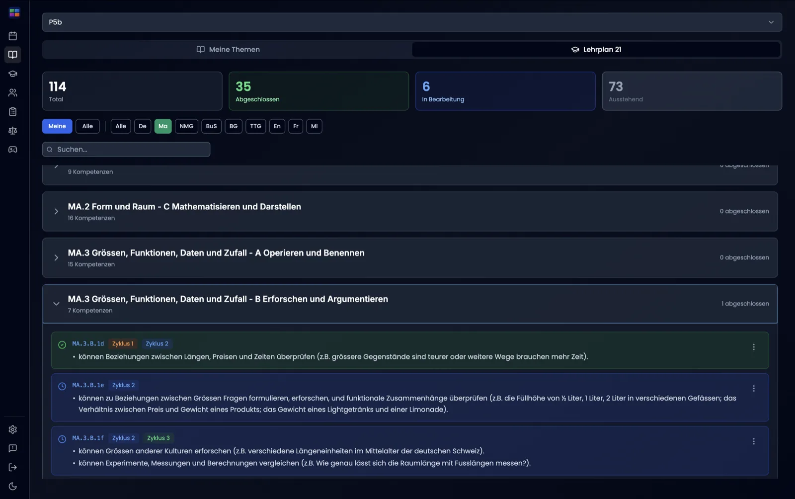 Lehrplan-21-Kompetenzbaum in TeacherOrg mit Filter, Statistik und Status-Anzeige pro Kompetenz