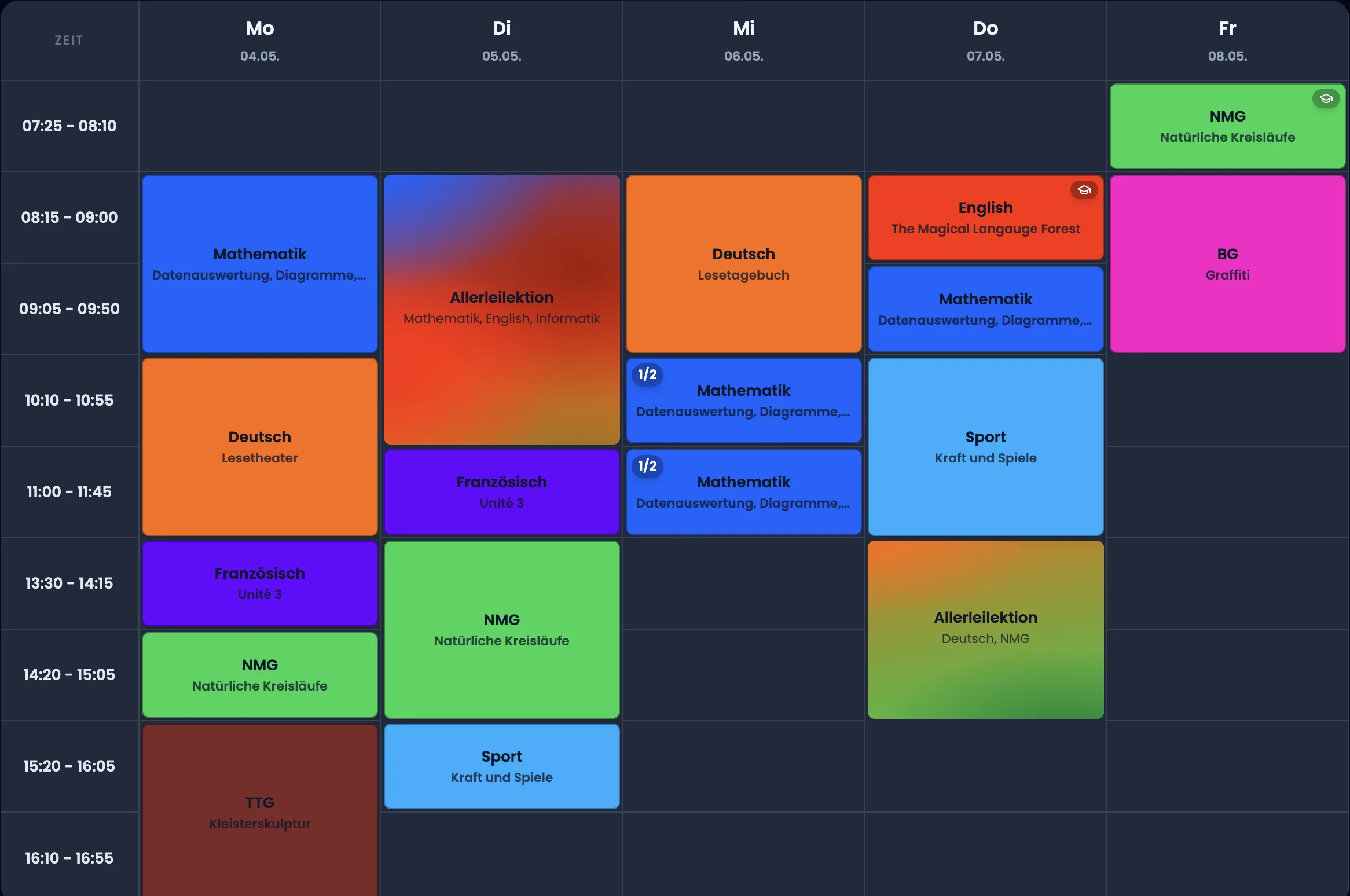 Wochenstundenplan in TeacherOrg mit farbigen Fächern Mo–Fr