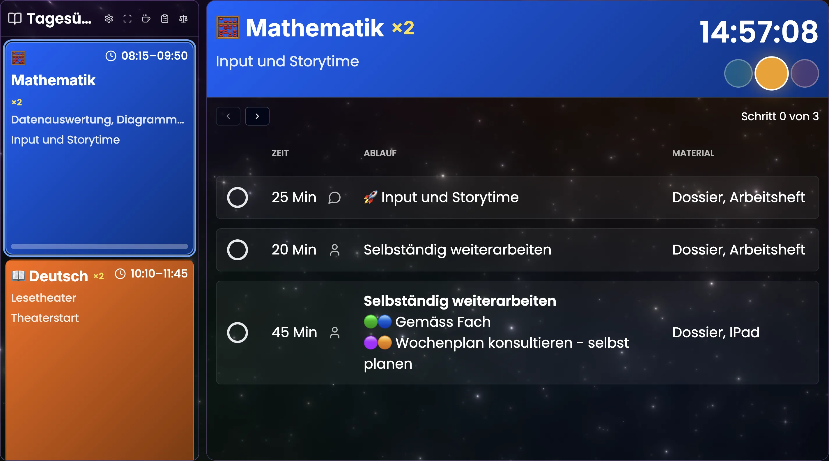 Beamer-Tagesansicht in TeacherOrg mit aktiver Lektion und Lektionsablauf