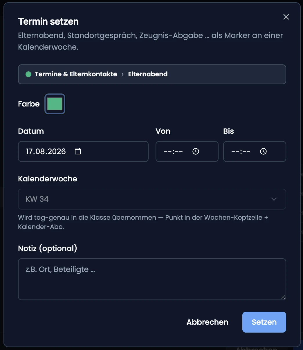 Formular «Termin setzen» für einen Elternabend — Datum, Kalenderwoche, optionale Notiz