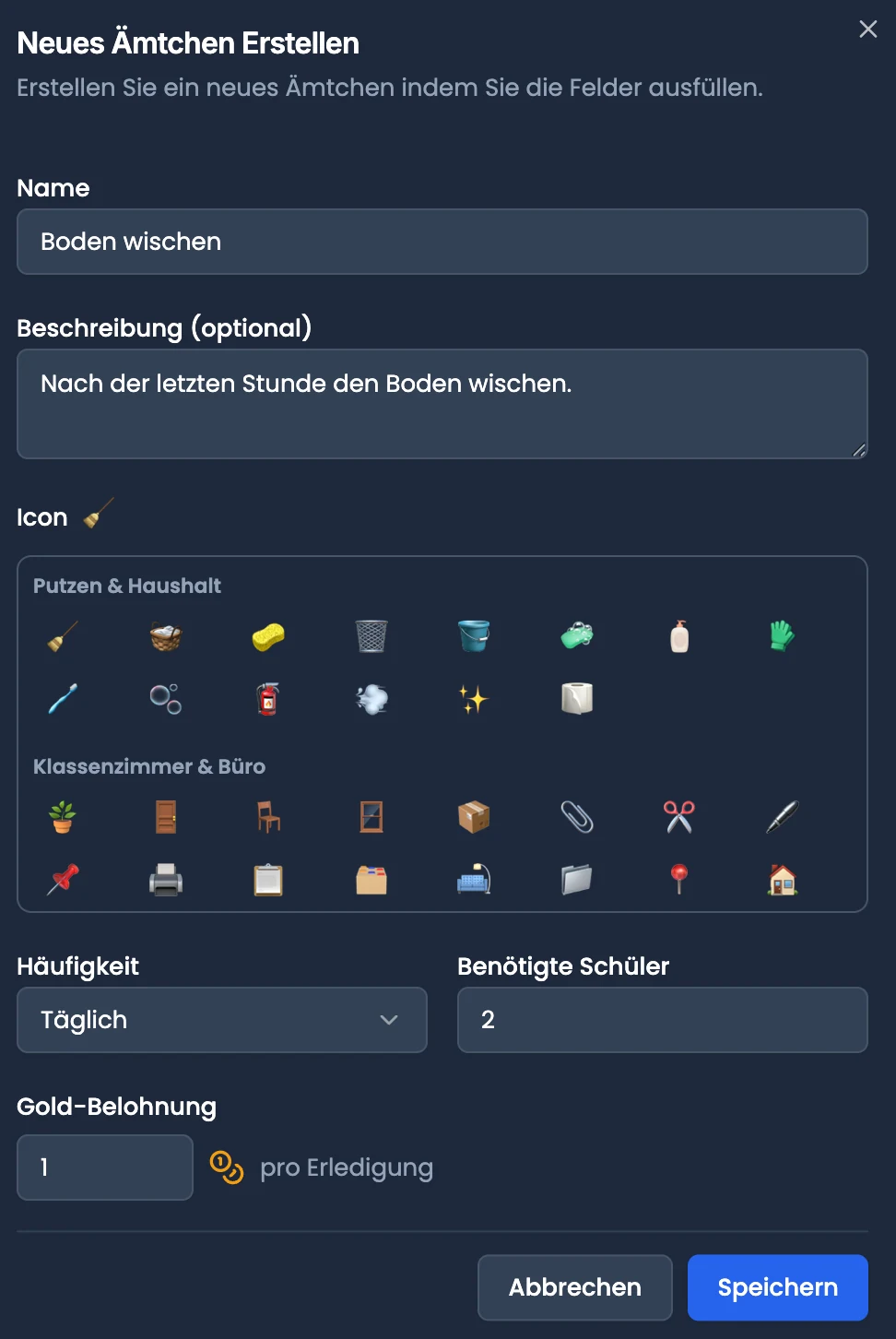 Ämtli-Formular mit Name, Icon und wöchentlicher Häufigkeit