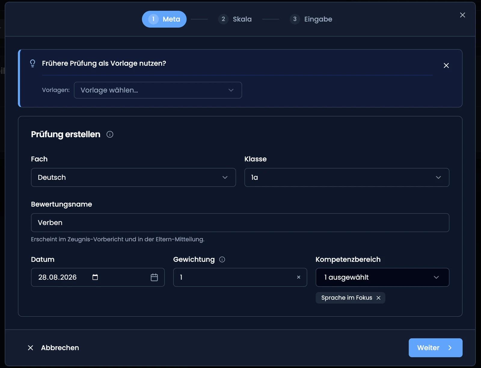 Wizard-Schritt «Meta» mit Fach, Bewertungsname, Datum und Gewichtung