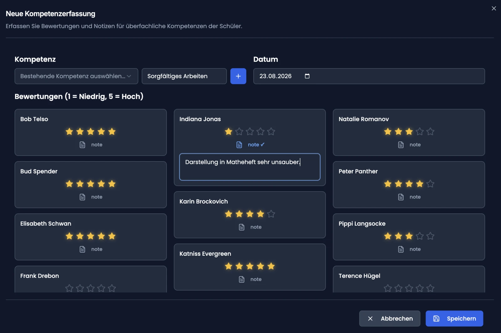 Modal «Neue Kompetenzerfassung» mit gesetzten Sternen und geöffneter Notiz bei Indiana Jonas