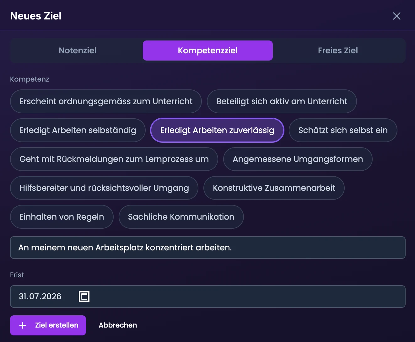 Formular «Neues Ziel» in der Dashboard-Vorschau eines Kindes