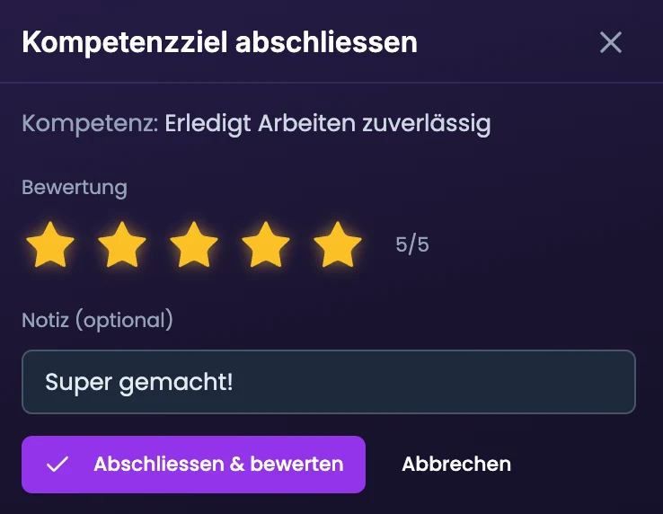 Dialog «Kompetenzziel abschliessen» mit Sterne-Bewertung