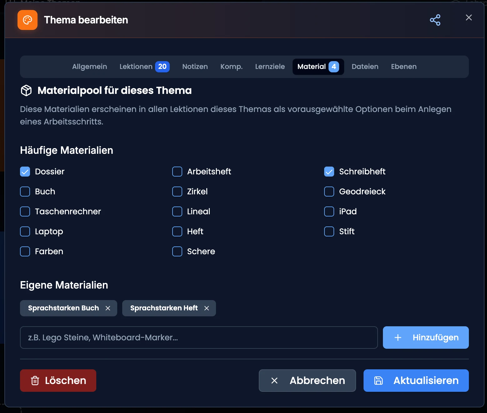 Tab «Material» mit angehakten Standard-Materialien und eigenen Material-Tags