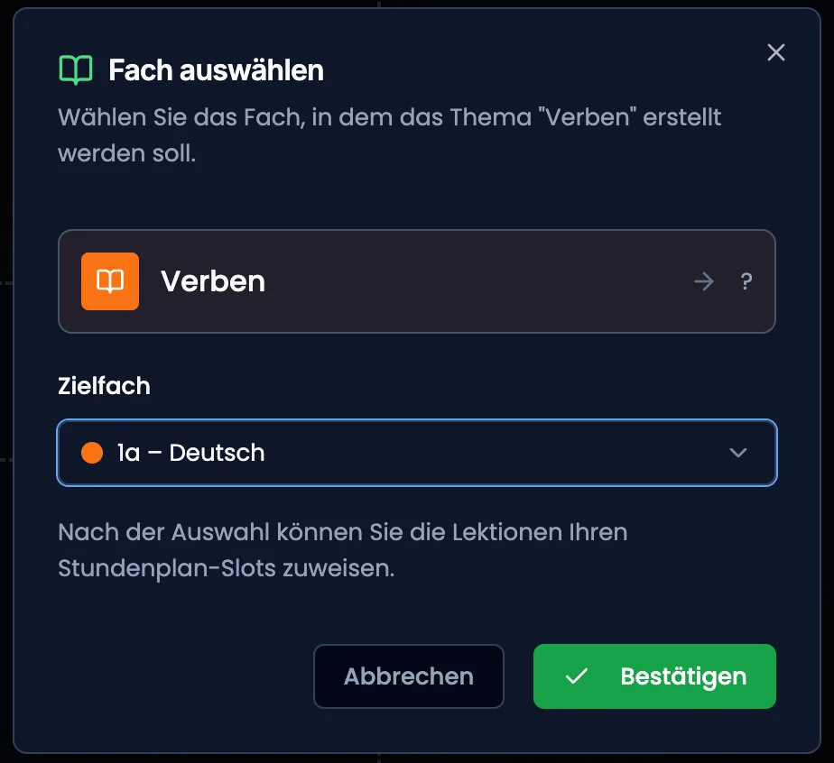 Dialog «Fach auswählen» beim Duplizieren eines Themas mit Zielfach-Dropdown