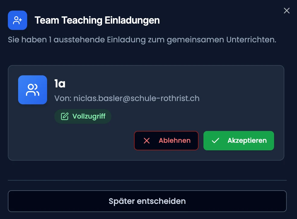 Einladungsseite mit Klassenname und Badge «Vollzugriff»